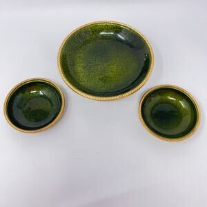 Mid Century Green Guilloche Nut Bowl Set Evans Hand Etched Hollywood Regency